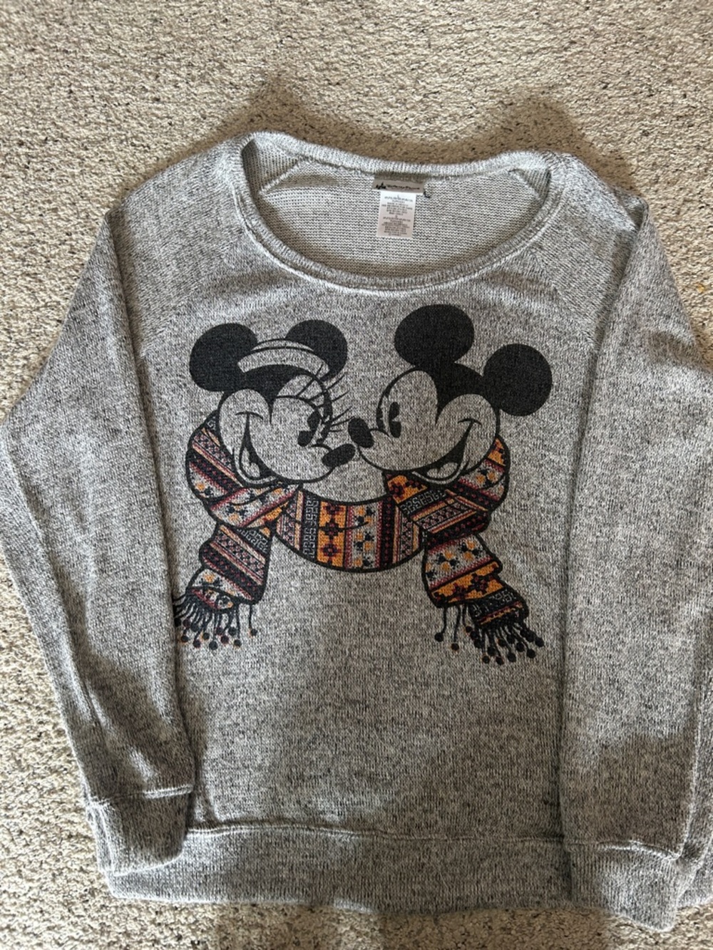 Disney Gray Crewneck Sweatshirt with Mickey & Minnie Scarf Graphic